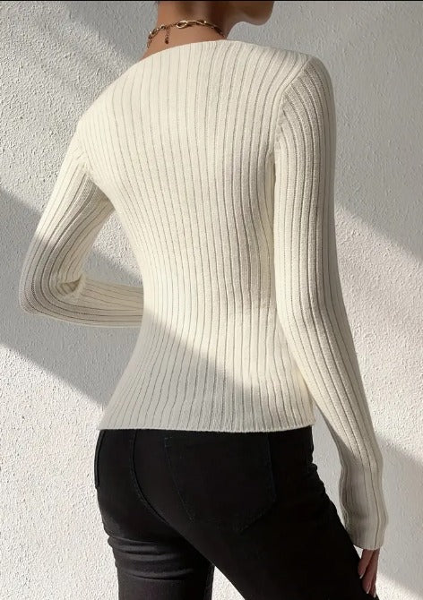 Ribbed Knit Cross Neck Sweater