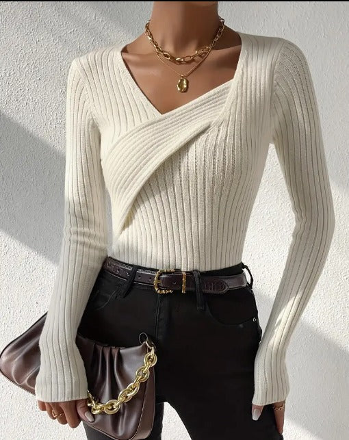Ribbed Knit Cross Neck Sweater