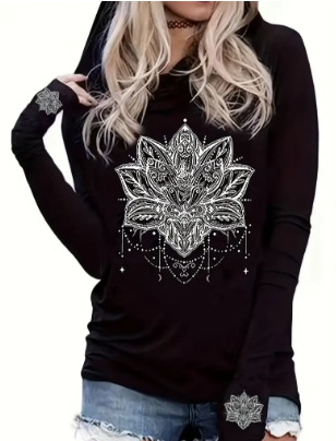 Lotus Print Hooded Long Sleeve