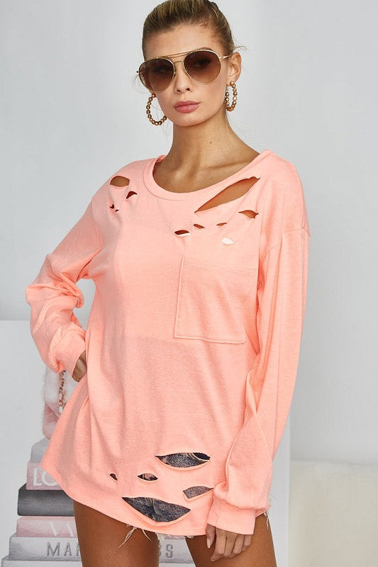 LASER CUT DETAILED LONG SLEEVE- CORAL & WHITE