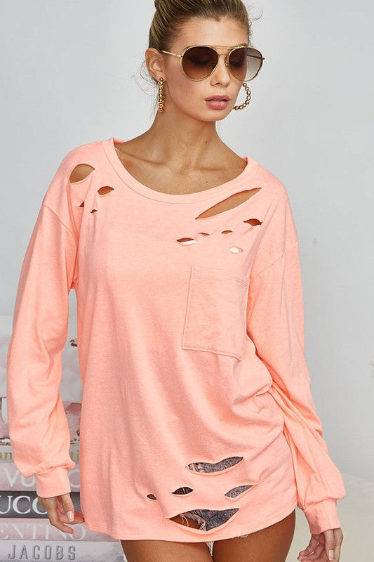 LASER CUT DETAILED LONG SLEEVE- CORAL & WHITE