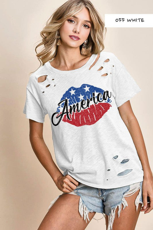 COTTON JERSEY KNIT CUT TOP WITH AMERICA GRAPHIC  - White