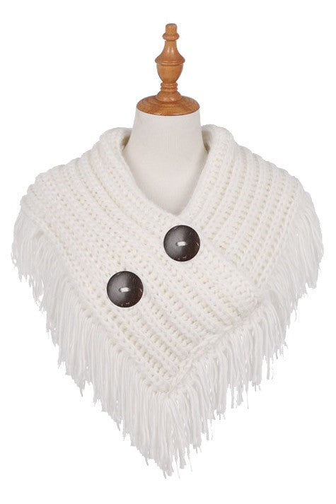 Button Accent Knitted Fringe Infinity Scarf