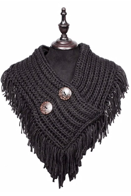 Button Accent Knitted Fringe Infinity Scarf