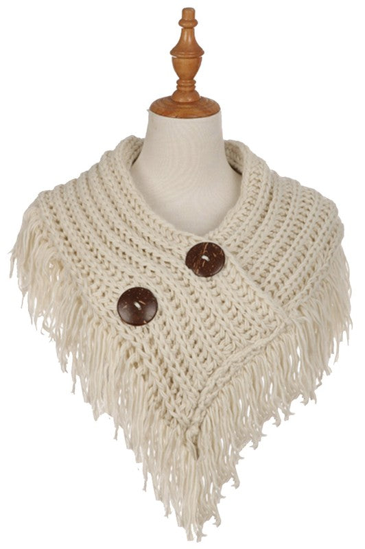 Button Accent Knitted Fringe Infinity Scarf